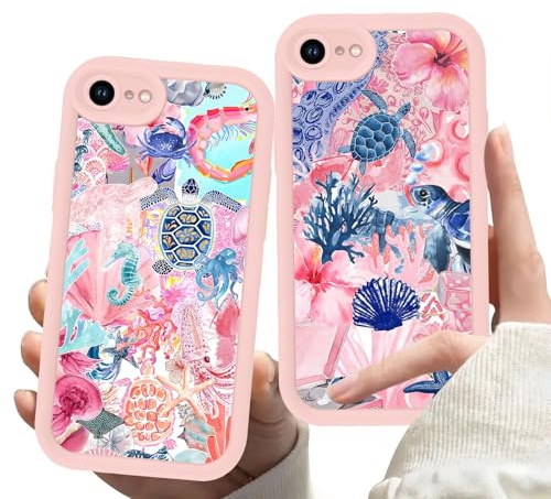 Zrutru 2 Pack Beach Summer Phone Case for iPhone SE 2022/SE 2020/8/7 4.7,Cute Flower Tortoise Seashell Collage Cases Aesthetic Ocean Cover,Pink Soft TPU Protective Funda for Girls Women SE 2022/2020