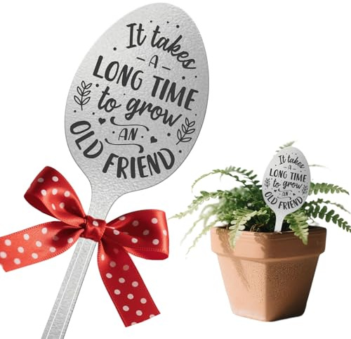 CUTHOLLOW Old Friend Spoon Plant Marker, Metal Garden Tag | 2PCS It Takes Time to Grow an Old Friend Design, Waterproof Metal Spoon Labels, Outdoor Plant Tags, Gardening Gift
