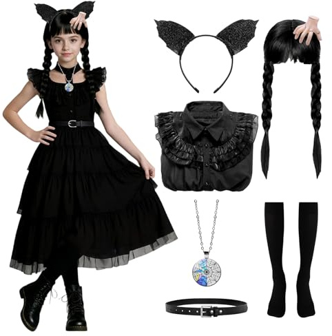 Ficlwigkis Kostüm Damen Schwarz Mittwoch Kleid aus Tüll Karneval Kostüme Damen Faschingskostüme mit Perücke Zubehör für Karneval Halloween Kostüm (Style 3/Mädchen, 150)