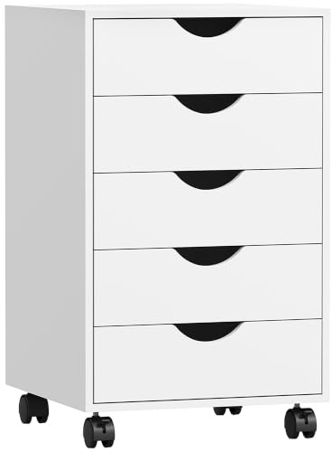 HOMCOM Rollcontainer mit 5 Schubladen, Rollcontainer für Dokumente und Drucker, kompakter Aufbewahrungscontainer für Büro oder Schlafzimmer, 40 x 40 x 67 cm, weiß