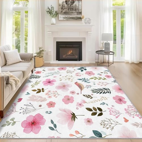 Generisch Rosa Blumen Teppich Wohnzimmer 50x80 cm, Waschbarer Teppich Aquarell Blumen Vogel, Weich Kurzflor Teppiche, rutschfest Fußmatte Bettvorleger Schlafzimmer ZY&L14