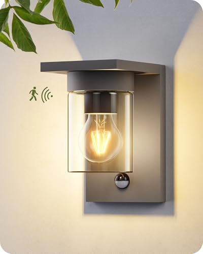 EDISHINE Wandleuchte außen mit Bewegungsmelder, Aluminium und Klarglas, IP44 wasserdicht, E27 Fassung, moderne Wandlampe für Haustür, Fassade, ohne Leuchtmittel, Anthrazit