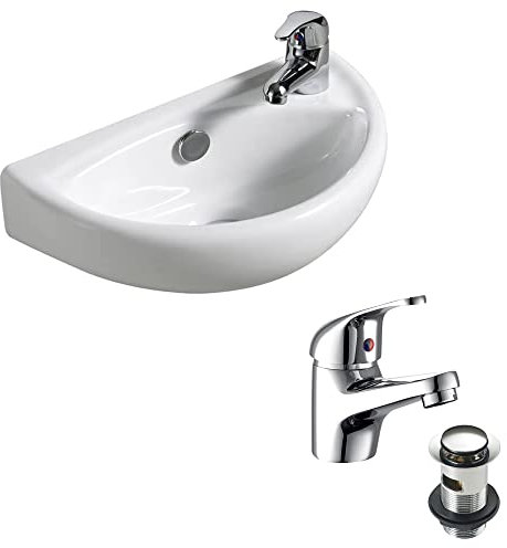 Compact Wall Hung Basin Sink Bathroom Mini Tiny Small Right Hand + Tap & Waste