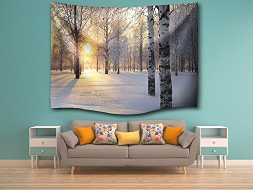 A.Monamour Birke Winter Weißen Schnee Wald Sonnenschein Landschaft Fotodruck Stoff Wandteppich Wanddekor Für Schlafzimmer Schlafsäle 203x153cm