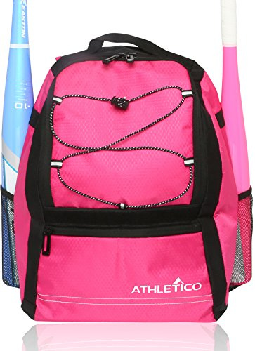 Athletico Youth Baseball Bag - Bat Backpack for Baseball, T-Ball & Softball Equipment & Gear | Holds Bat, Helmet, Glove | Fence Hook (Pink)