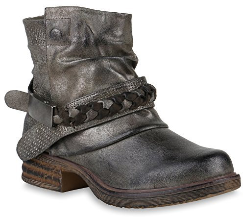 stiefelparadies Donna Stivaletti bassi Biker Boots Foderata minimamente Fibbie Metallico 147509 Grigio Metallico 37 Flandell