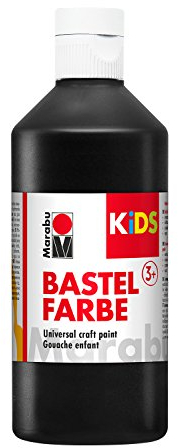 Marabu 03040075073 - Kids Bastelfarbe schwarz 500 ml, Farbe für Kinder ab 3 Jahre zum Basteln und Malen, parabenfrei, vegan, gut deckend, schnell trocknend auf Papier, Holz, Stein, auswaschbar