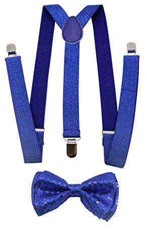 2BU Herren USA Patriotische amerikanische Fliege und Hosenträger-Set, Königsblau mit Glitzer, Königsblauer Glitzer-Hosenträger mit königsblauer Pailletten-Fliege, Einheitsgröße