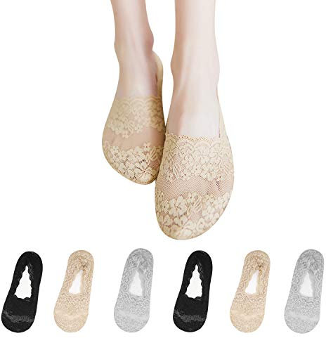 TAGVO 6 Paires Chaussettes Basses Invisibles Femme Respirantes en Coton avec Dentelle Anti-Dérapant Protège Pied Elastique avec Silicone Noir Nu Gris