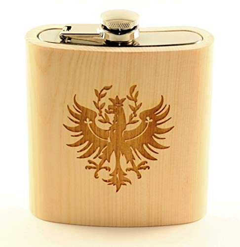 Ruprechter Holz-Flachmann ZIRBE aus einem Stück Holz gefertigt. Füllmenge: 200ml. gutes Geschenk, Tiroler Adler