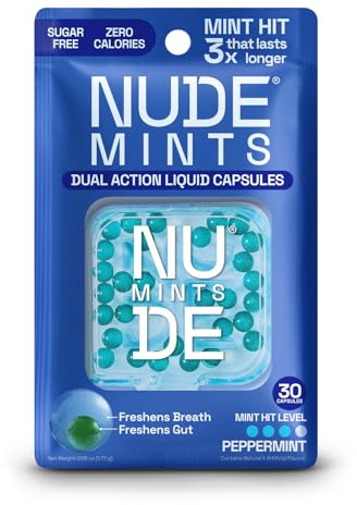 NUDE Menthes | Capsules liquides double action | Menthe arrosage bouche – Dure 3 fois plus longtemps – 3 fois plus fort – Traitement extrême de la mauvaise haleine pour adultes – Sans sucre, 0