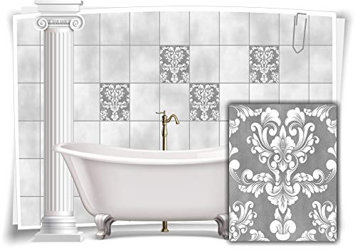 Medianlux Fliesen-Aufkleber Fliesen-Bilder Damast Barock Nostalgie Retro Floral Grau Bad WC Deko Folie Badezimmer Dekoration, 12 Stück, 20x25cm m20h-grau-108134