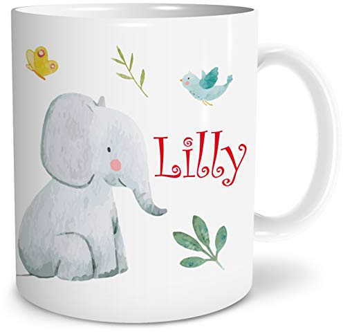 OWLBOOK® Personalisierte Tasse für Kinder Personalisiert Safari Elefant Kinder Geschenke Geschenkideen für Kinder Junge Mädchen zum Geburtstag Schulanfang Kindertasse Keramik 300 ml