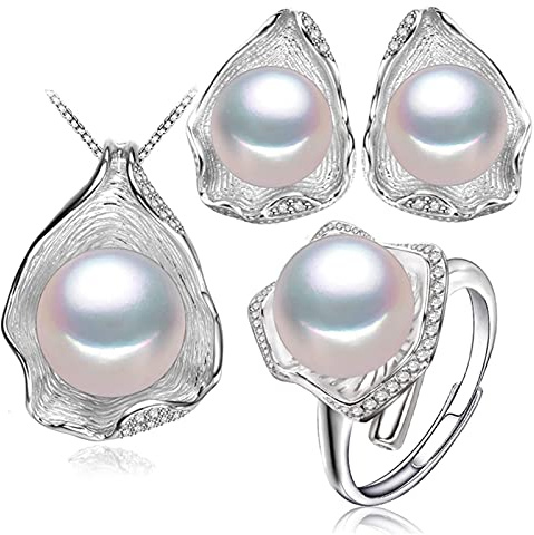 925 Sterling Silber Süßwasserperlen Schmuck Sets Für Frauen Boho Shell Design Ohrringe Luxus Ring Statement Halskette Set