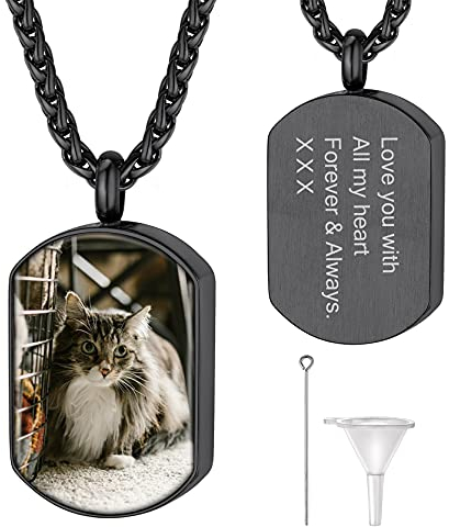 GoldChic Plaque Porte Photo Personnalisable Collier Femme Chaine Acier Urne Funéraire Cendre Crémation Pendentif Souvenir Animaux Commémoration Noir Bijoux Cadeau Pâque
