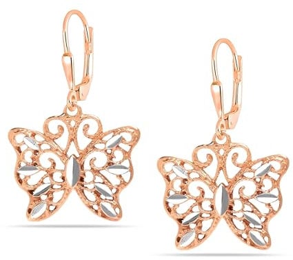 LeCalla Sterling Silver Butterfly Earrings Filigree Dainty 14K Gold-Plated Two-Tone Drop Dangle Leverback Diamond-Cut Earrings for Women - 32mm