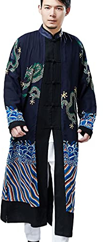 NFYM Mens Chinese Traditional Long Trench Coat Shirts Dragon Printed Gown Robe Tang Suit Kung Fu Tai Chi Clothes (Blue, M)
