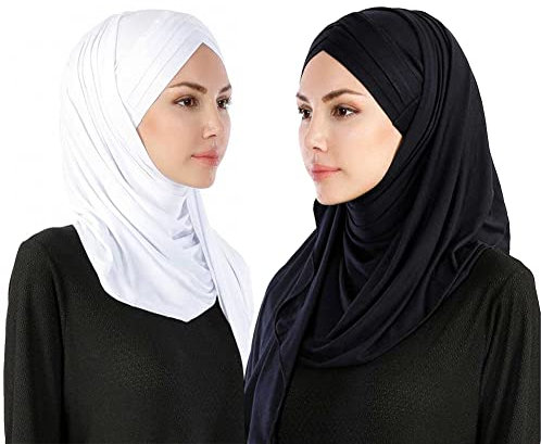 Rayiisuy 2-teiliges Set aus Jersey-Hijab, leicht, weich, einfarbig, sofortige Hijab-Schals und Wraps, muslimisches Stretch-Kopftuch, schwarz, weiß, Einheitsgröße