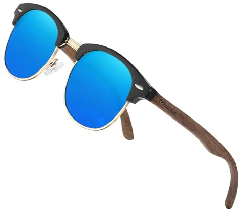 KINGSEVEN Holz Halbrandlose Polarisierte Sonnenbrille Herren & Damen Brillen Klassisches Retro Vintage Design N5516 (Blue)
