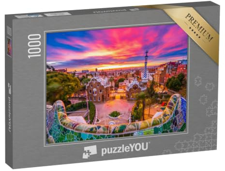 puzzleYOU: Puzzle 1000 Teile „Sonnenaufgang über dem Park Güell, UNESCO-Weltkulturerbe, Barcelona, Spanien“ – aus der Puzzle-Kollektion Parks, Barcelona, Blumen & Pflanzen, Europäische Städte