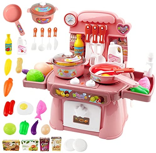 Kitchen Toys Imitated Chef Light Music Pretend Cooking Food Play Age 3+ Dinnerware Set Children Girl Toy Kitchen Sink with Running Water and Electronic Induction Stove (Red kitchen set)