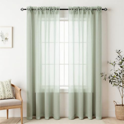 Lot de 2 panneaux de rideaux verts sauge de style bohème de 243,8 cm de long pour salon, rideaux transparents en faux lin avec passe-tringle pour fenêtre coulissante en verre, chambre de fille,