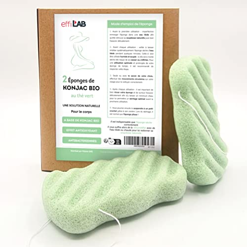 Spugna di Konjac Bio per il corpo associata al tè verde | Set di 2 spugne per il corpo | Spugna vegetale naturale detergente..