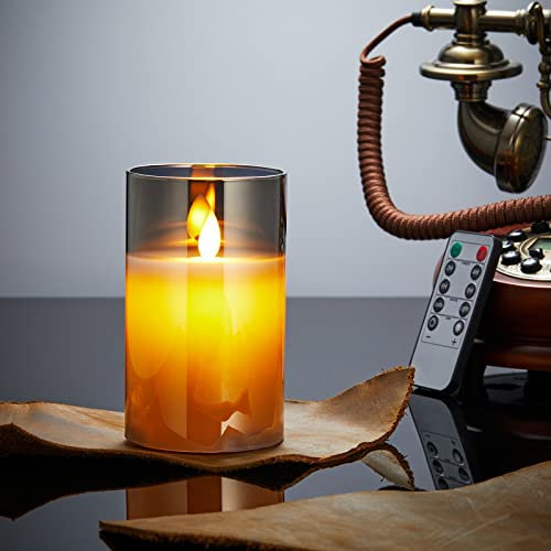 LED Kerzen, Flammenlose Kerzen Flackern, LED Kerzen Flackernde Flamme mit Glas, LED Kerzen mit Fernbedienung, Echtwachssäule Kerzen, Batteriebetriebene LED Kerzen mit 24 Stunden Timer 10cm-Grau