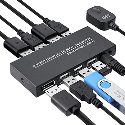 DP KVM Switch 2 Porte 4K @ 60Hz, DisplayPort USB KVM Umschalterfür für UHD Monitor Tastatur und Maus, mit 2 DP Kabeln und 2 USB Kabeln