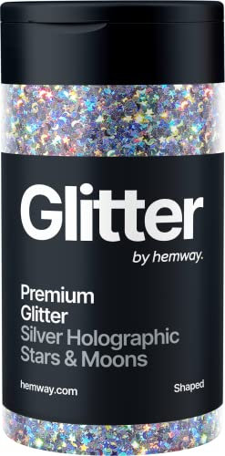 Hemway Premium Glitter Shaker - Silver Holographic Stars & Moons | Shaped Metallic Flake Sequins for Resin & Epoxy Crafts | Craft Supplies for Tumblers, Festival, Hair, Face, Body & Nail Art | 78 g
