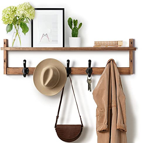 Tatub Porte-manteau mural avec étagère, crochets muraux en bois avec rangement, étagère d'entrée avec 5 crochets pour salle de bain, salon, chambre à coucher, marron rustique 73,7 cm