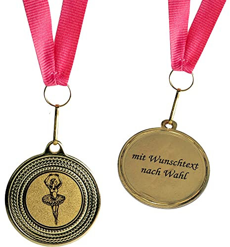 Pokal-Fabrik - Ballerina-Medaillen 10er Set Metall mit Wunschtext - Ballerinamedaille golden zum Umhängen für Siegerehrungen - Medaillen Kinder mit rosa Band & Emblem für Vereine & Turniere