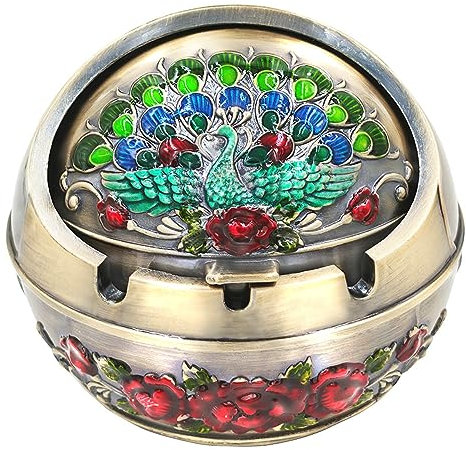 Hourwof Winddichter Aschenbecher mit Deckel, Metall-Pfau, halbschließend, Zigarettenaschenbecher für Zuhause, Hotel, Terrasse, Dekoration, Bronze