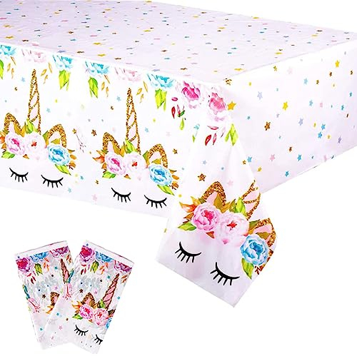 OUOQI 2 Stück Einhorn Tischdecken,Tischdecke Geburtstag Plastik Wasserdicht Tischdecke Rechteckig,Einhorn Gebutstag Party Set,Einhorn Party Kit, Picknick Zubehör für Kindergeburtstag,130x220cm