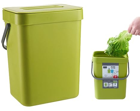 RANJIMA Kleiner Komposteimer für die Küche, Biomülleimer Küche, Mülleimer für Arbeitsplatte, Hängend Biomülleimer, Behälter mit Deckel, Komposter, für den Innenbereich/Bad/Küchen/Büro, 3 L