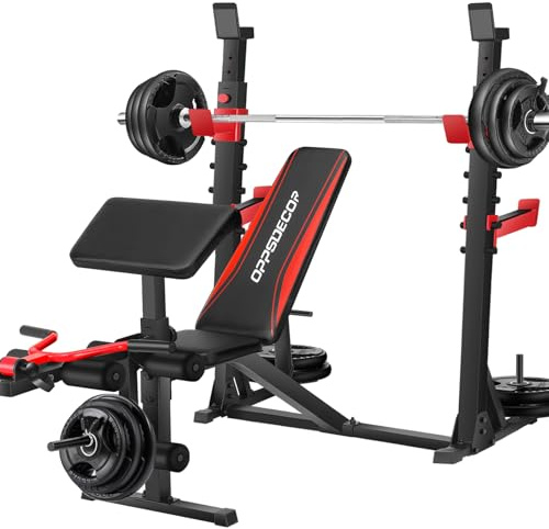 OPPSDECOR ASTM-Certified 900LBS Weight Bench Set with Squat Rack & Leg Extension, Preacher Curl Workout Bench & Bench Press Set for Home Gym Full Body Training