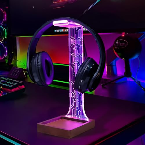 CoolGift Mart Headphone Stand with Tray, Wood Holder for Gaming Headset with Blue/Pink LED Night Lights. Perfect Gifts for Gamers, Men, and Music Lovers