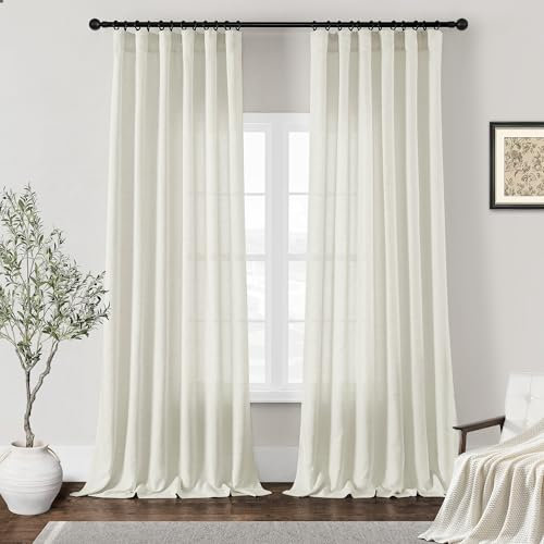 DUKIYO Halbtransparente Vorhänge, 248 cm lang, für Wohnzimmer, Lichtfilterung, Leinen, strukturiert, Bauernhaus-Vorhänge für Schlafzimmer, Esszimmer, 248 cm, elfenbeinfarben, Taschenhaken, Gürtel,