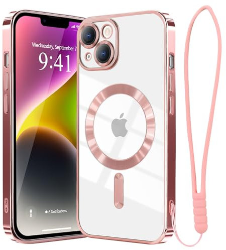 Ethanger for iPhone 14 Case Compatible with MagSafe Luxury Plating Bling Shockproof Bumper with Camera Lens Protector Magnetic Women Girly Phone Case for iPhone 14, Pink