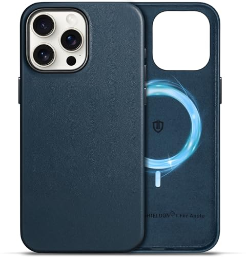 SHIELDON Hülle für iPhone 15 Pro Max Handyhülle Echt Leder Hüllen [Kabellos Laden] [Elegant Aussehen] [Magnetisch] [Slim Leicht] Schutzhülle Case Kompatibel mit iPhone 15 Pro Max 5G 6.7 Marineblau