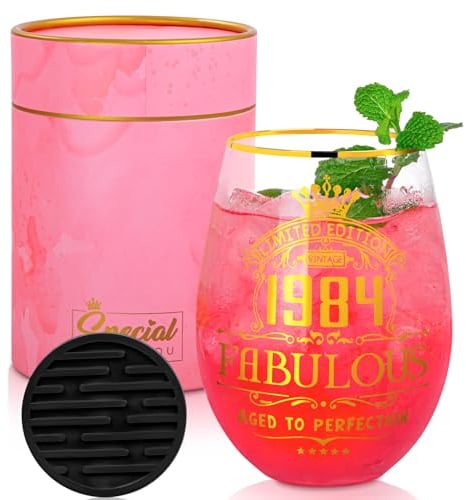 40th Birthday Gifts for Women, Personalised Gin Glass Gift Set for Her, 18Oz Large Wine Glasses with Gold Print, Silicone Coaster, Nice Gift Box, Presents for 40 Year Old Lady Friend Sister Wife
