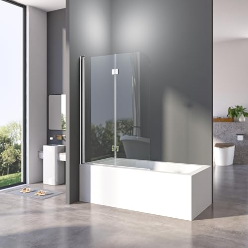 Duschwand für Badewanne 120 x 140 cm Silber Badewannenfaltwand 2-teilig Duschfaltwand für Badewanne aus Gehärtetem Sicherheitsglas mit NANO Beschichtung