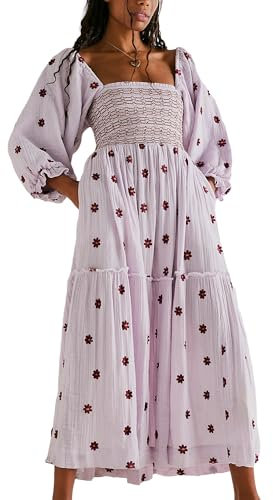 Yoisdtxc Women 's Smocked Square Neck A Line Flowy Maxi Long Dress Flower Print Half Sleeves Backless Embroidery Loose Swing Dress (Purple, L)