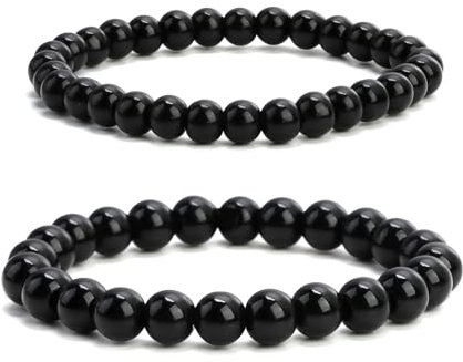 Rumgug 2 Stück Schwarzer Turmalin Armband, 6/8 MM Edelstein Naturstein Großes Dehnbares Kugeln auf Elastischem Nylonfaden Aufgezogen Handgefertigt