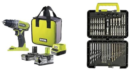 Ryobi - Perceuse-visseuse à percussion 18V ONE+ avec 1 batterie Lithium+ 2,0 Ah & 1 batterie Lithium+ 4,0 Ah - R18PD2-242S & Coffret 60 accessoires de perçage et de vissage - RAK60DDF