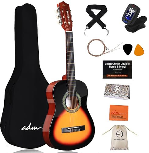 ADM 1/2 Kinder Konzertgitarren-Set, 86,4 cm, Junior-Gitarren-Set für Anfänger mit Gigbag, Stimmgerät, Gurt, Plektren, zusätzlichen Saiten, Aufbewahrungstasche und Reinigungstuch (Peachy Sun)
