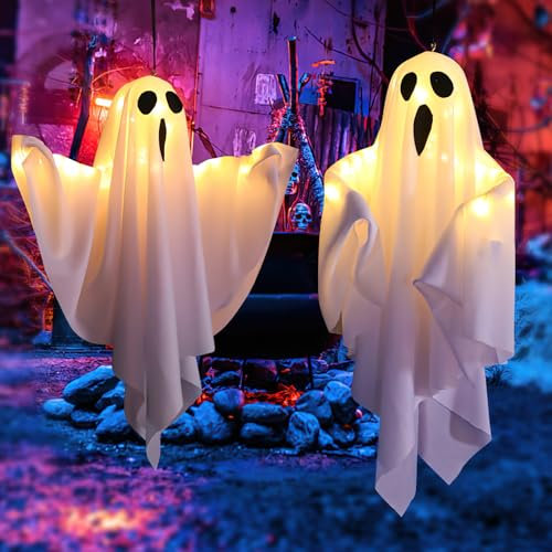 Halloween Decorazioni Fantasma, Hillylolly Decorazione per Halloween, Fantasmi Halloween Illuminato, Halloween da Appendere Addobbi, kit fantasmi halloween per Giardino Esterno Interno Horror