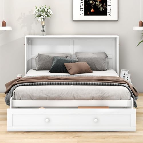 140 x 200 Mobiles Schrankbett mit Schubladen am Bettende und kleinem Regal an der Seite des Bettes,Verwandelbare Plattformbetten