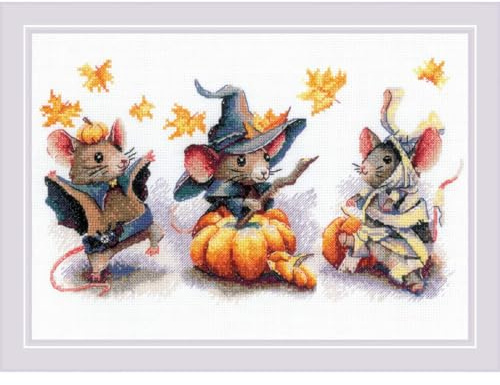 Riolis Kreuzstich Stickpackung Gruselige Mäuse, Zählmuster, 30x21cm | Halloween-Design, 14 Karat weißer Zweigart-Aida, 21 Anker-Baumwollfarben, mittlere Stufe, Diagramm und Nadel im Lieferumfang