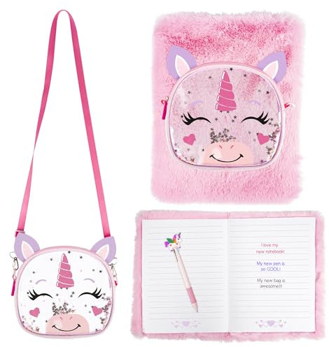 abeec Fluffy Unicorn A4 Notebook Set – Includes Girls’ Handbag, Multicoloured Pen & Lined Journal | Perfect for Unicorn Gifts, Stationery Sets & Back to School Supplies